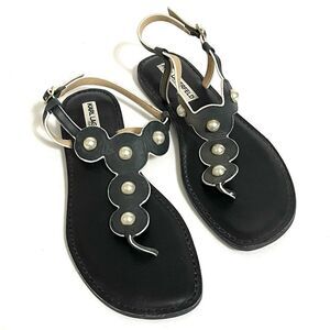 Karl Lagerfeld Malo Sandals Black Leather with Flowers and Pearl Embellishments